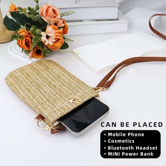 Chic Straw and Polyester Phone Purse with Magnetic Closure - Compact Design - Picture 4 of 6